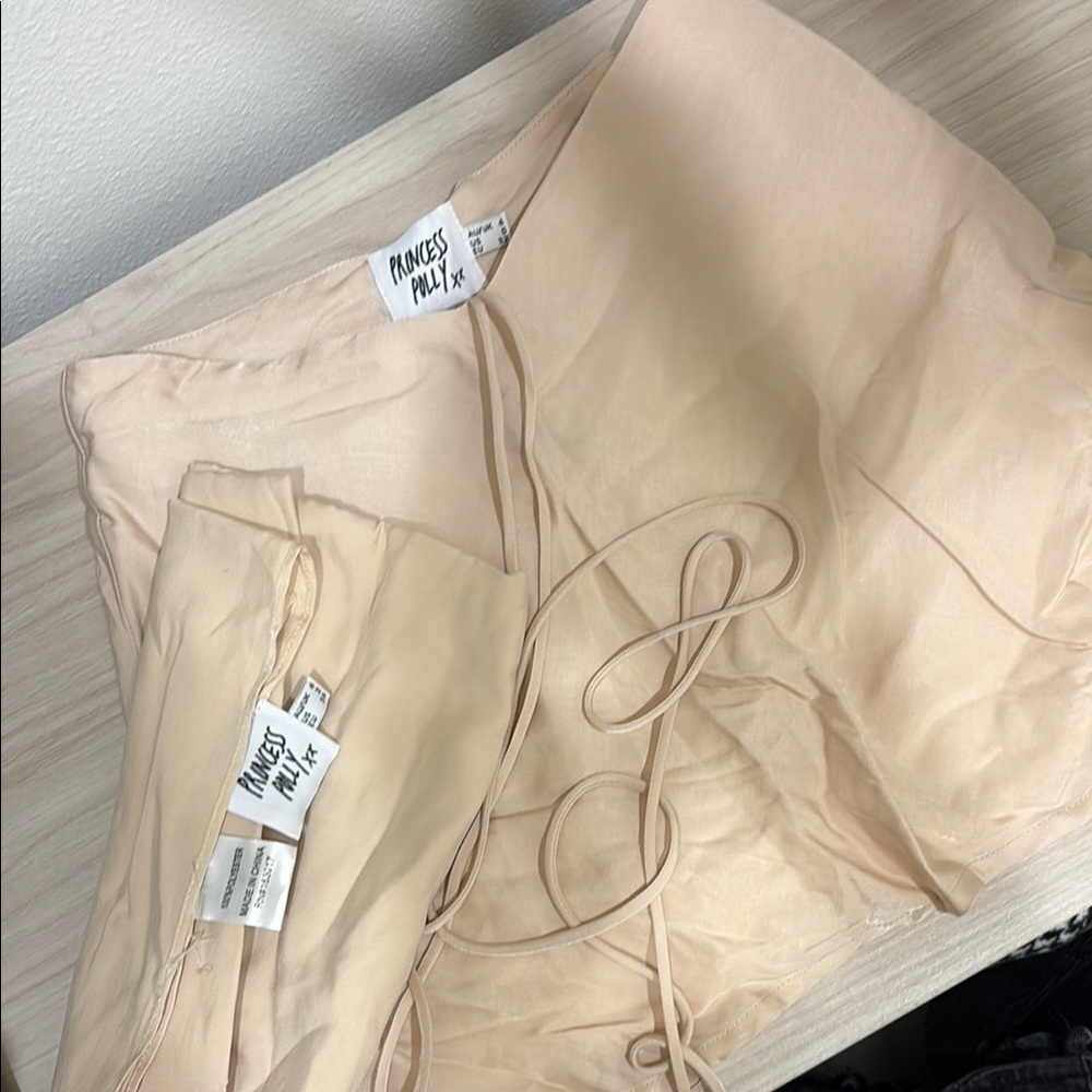 Princess Polly Beige Cream Skirt Set Tie up scarf top